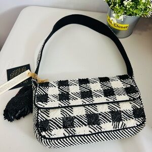 Black & White Plaid Beaded Shoulder Bag w/ Swan Charm NWT
